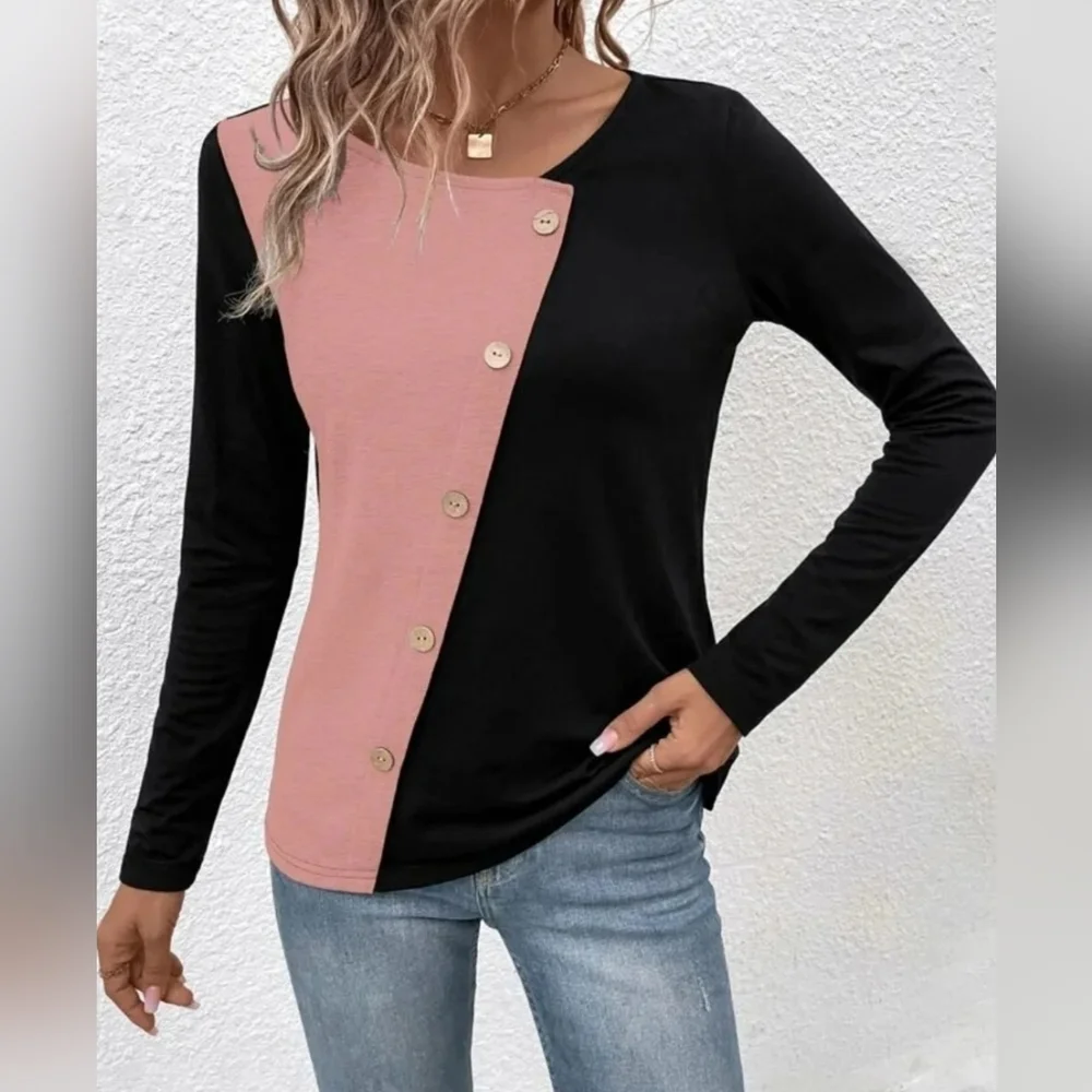 SHEIN Two Tone Button Detail Tee Size L UK 12 - Picture 5 of 6
